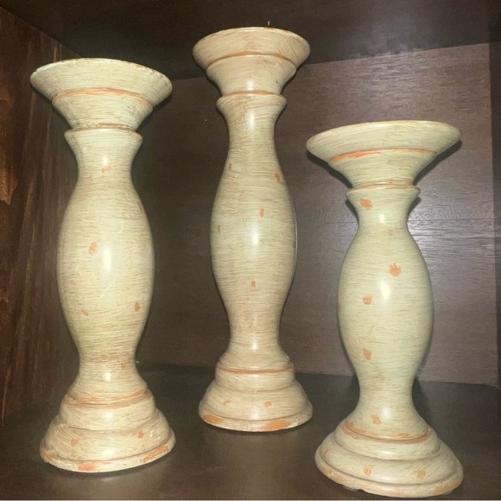 3 Tiered pillars candle Stands - light green gold accents